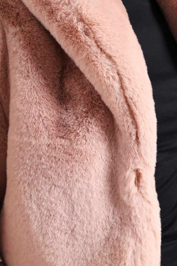 Shawl Collar Fur Coat - Dusty Pink