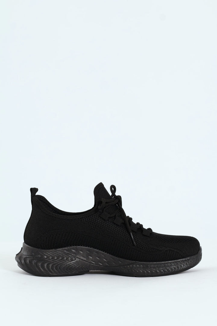 Basic Fly Knit Lace Up Slip On Sneaker - Black