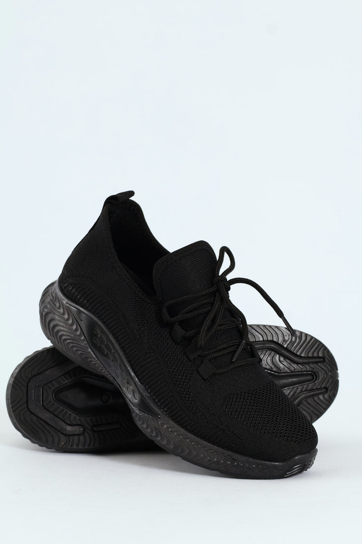 Basic Fly Knit Lace Up Slip On Sneaker - Black
