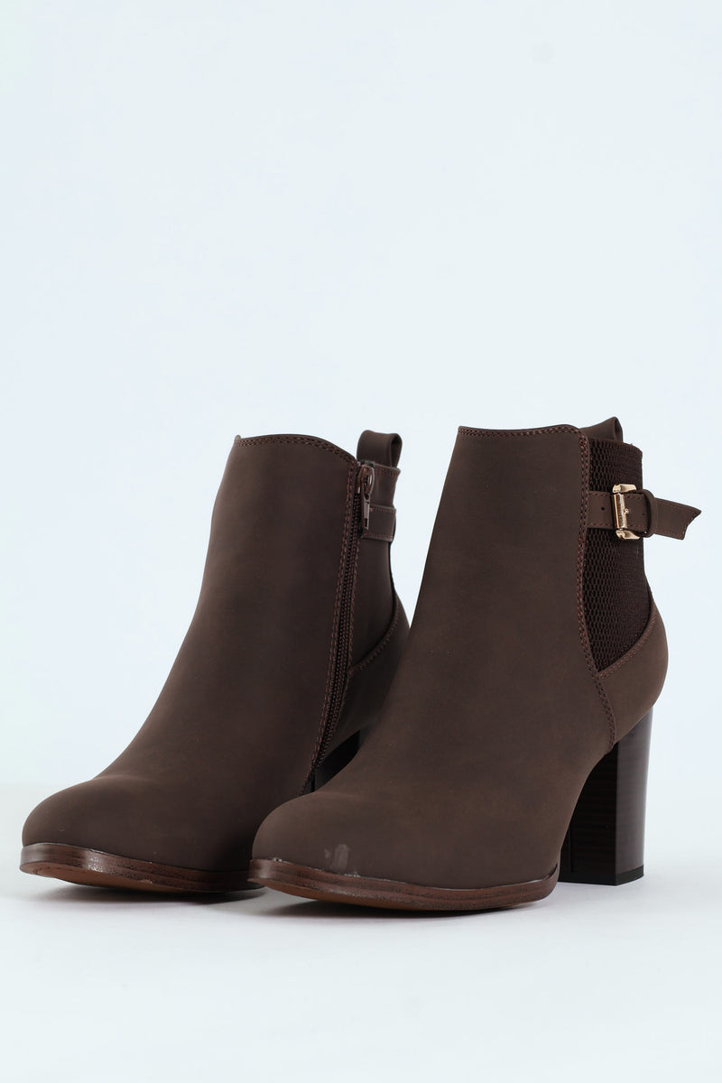 Round Toe Single Strap Block Heel Boot - Chocolate