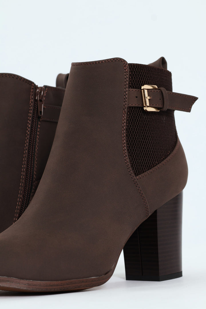 Round Toe Single Strap Block Heel Boot - Chocolate