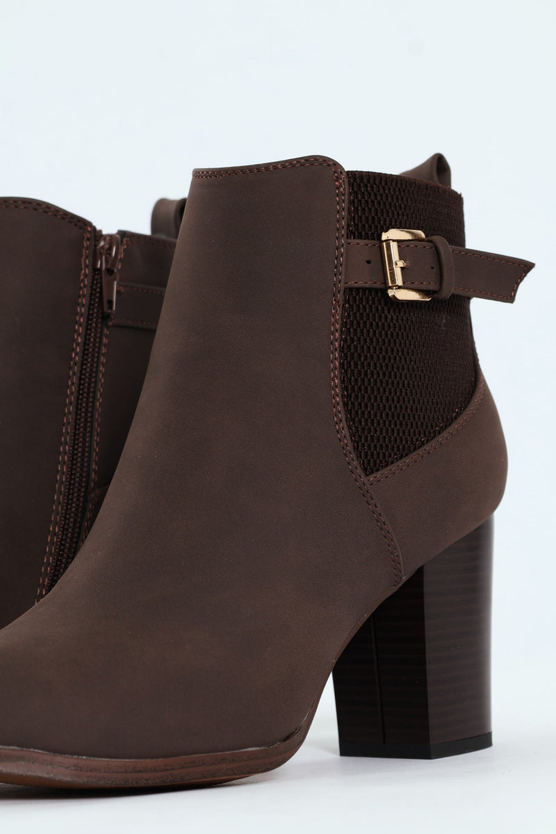 Round Toe Single Strap Block Heel Boot - Chocolate