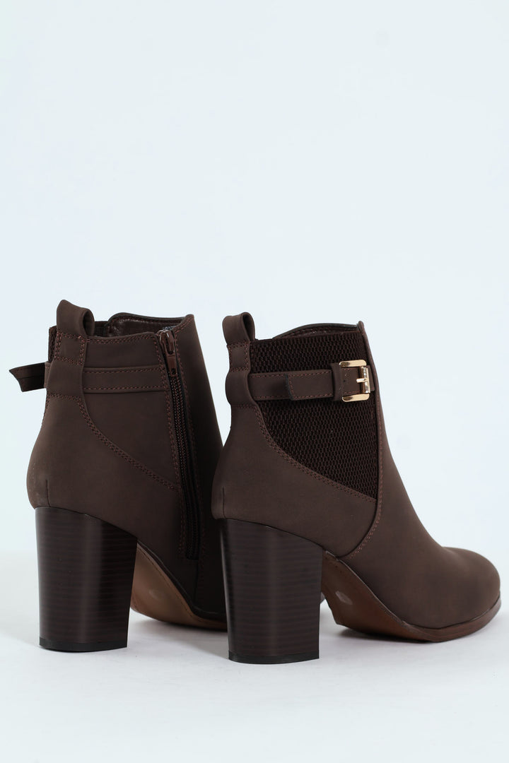 Round Toe Single Strap Block Heel Boot - Chocolate