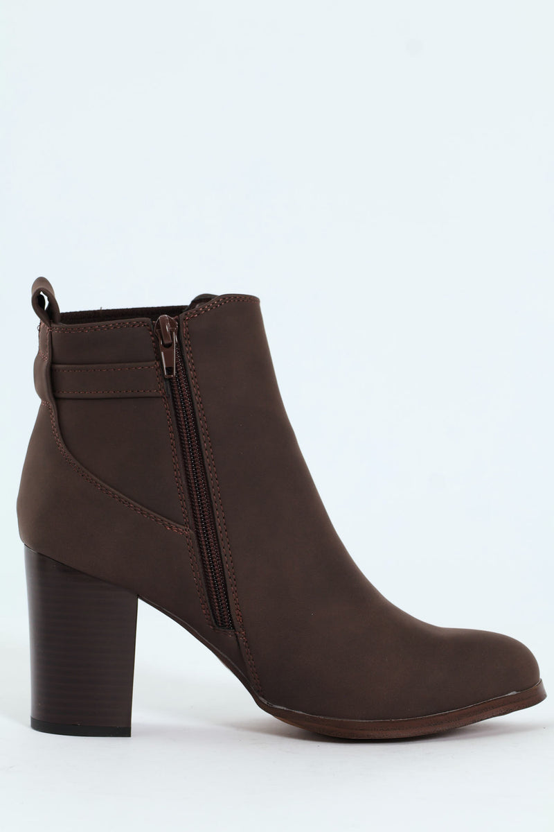 Round Toe Single Strap Block Heel Boot - Chocolate