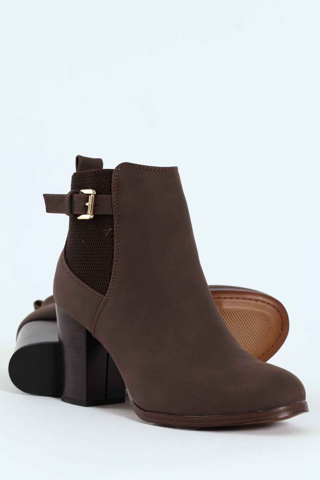 Round Toe Single Strap Block Heel Boot - Chocolate