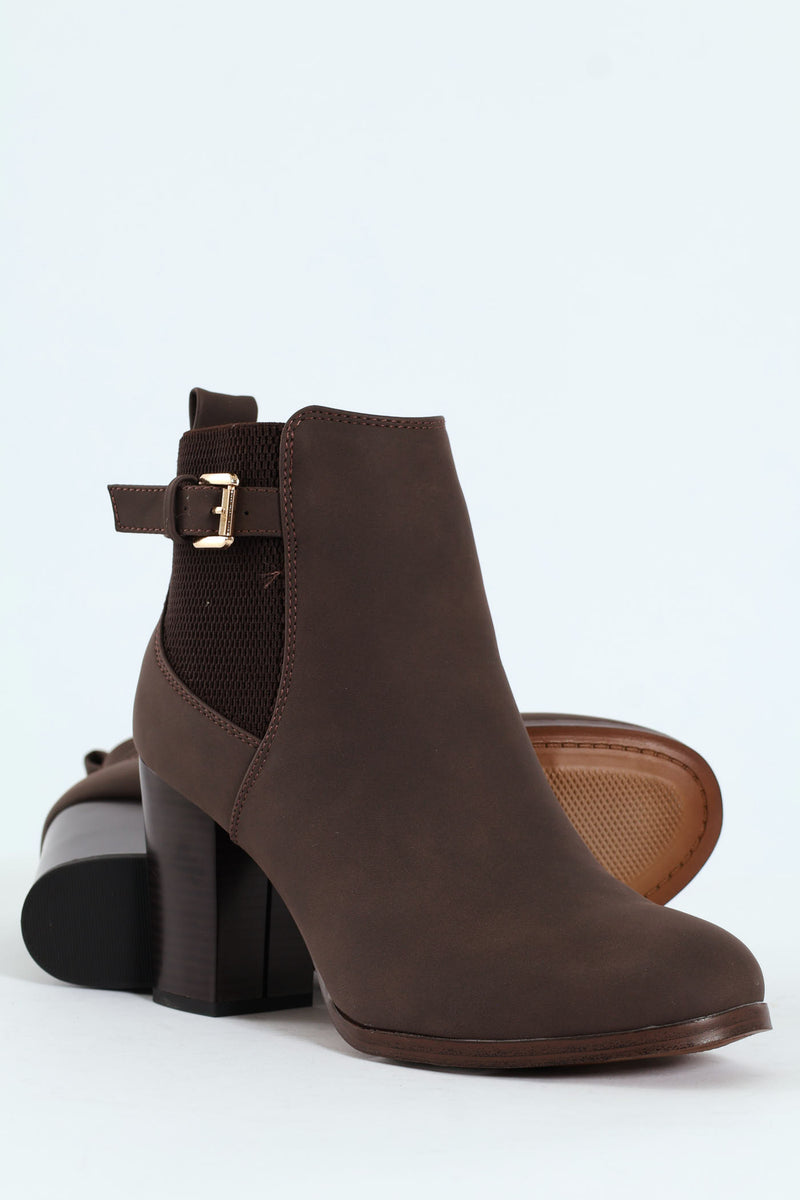 Round Toe Single Strap Block Heel Boot - Chocolate