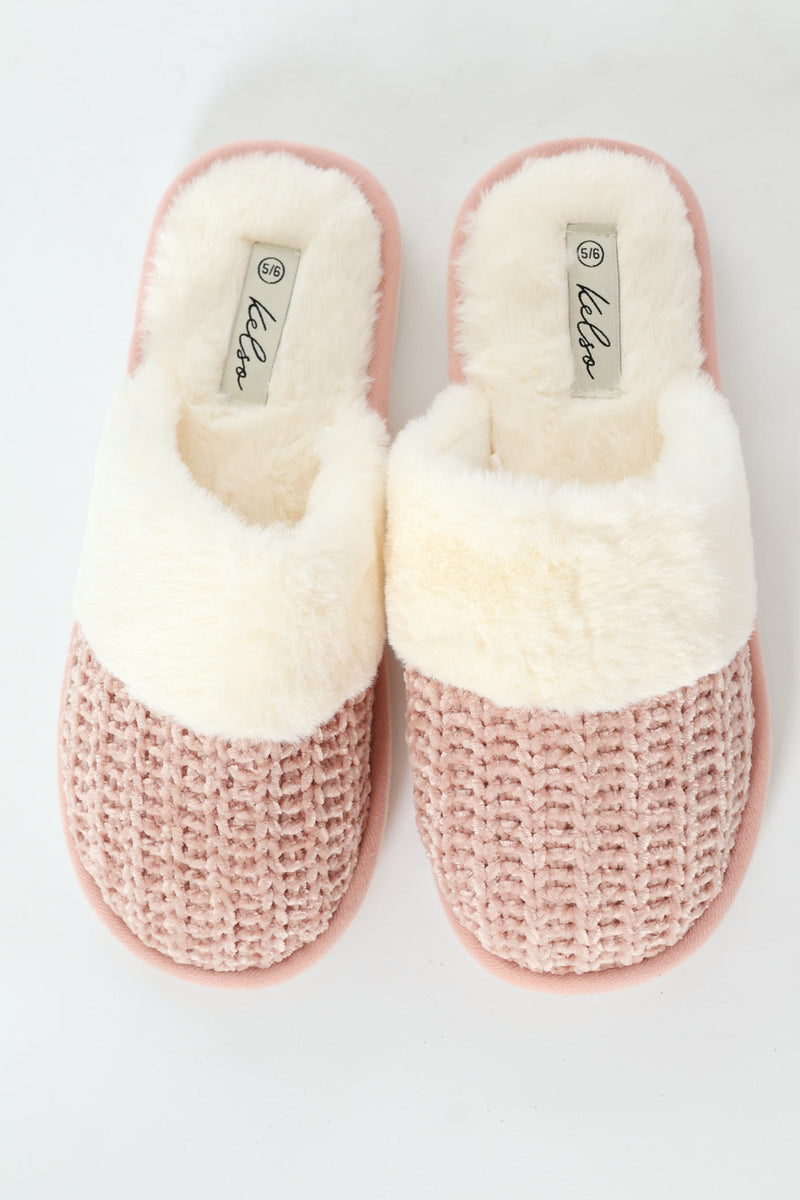 Chenille Closed Toe Slipper With Fur Topline - Blush