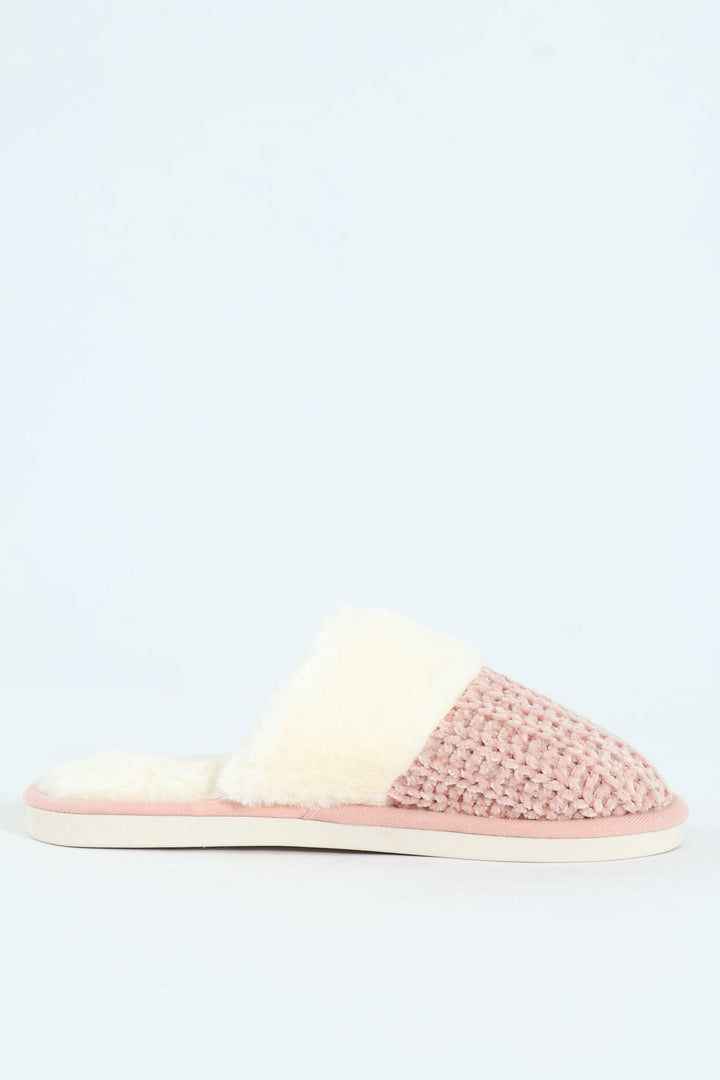 Chenille Closed Toe Slipper With Fur Topline - Blush