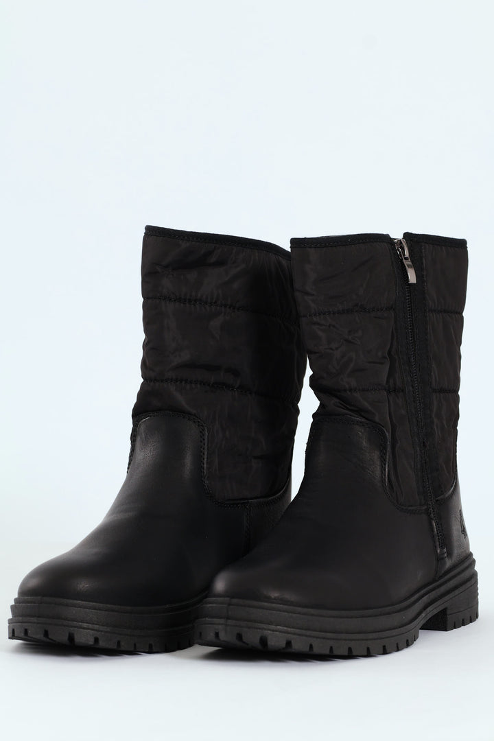 Rochelle Panelled Nylon & Pu Mid Calf  Boot - Black