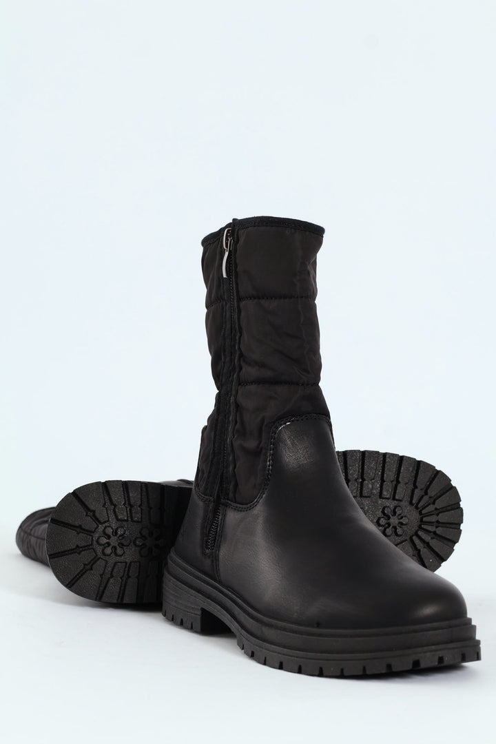 Rochelle Panelled Nylon & Pu Mid Calf  Boot - Black