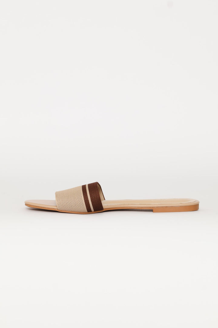 Ribbed Single Band Mule Sandal - Brown/Beige