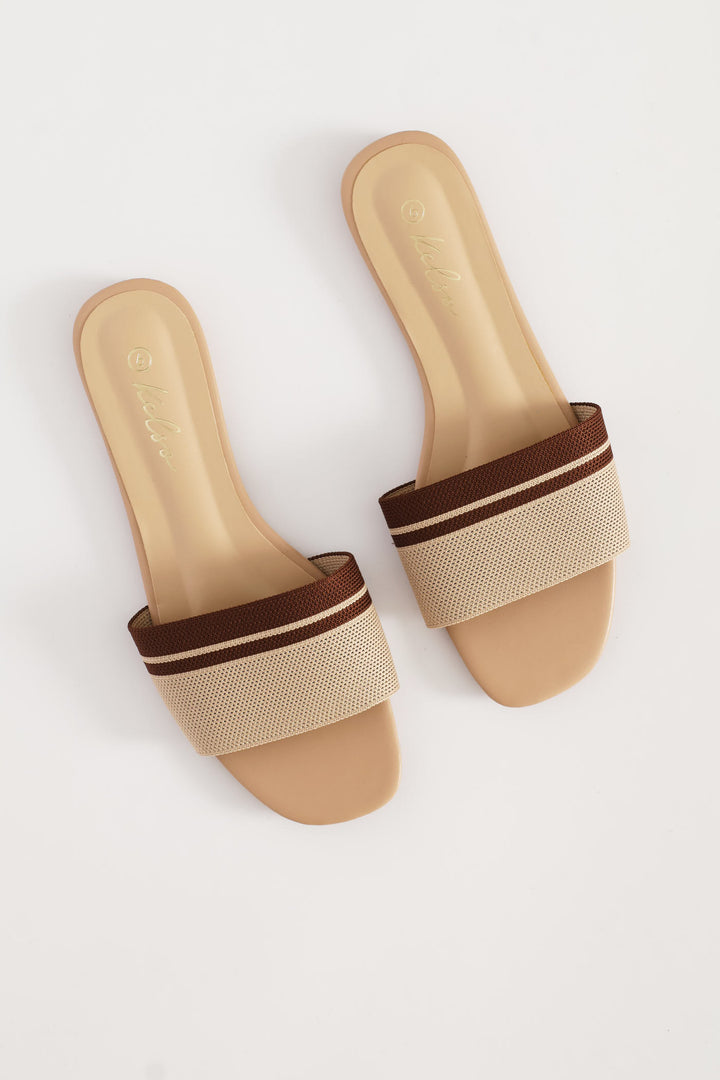 Ribbed Single Band Mule Sandal - Brown/Beige