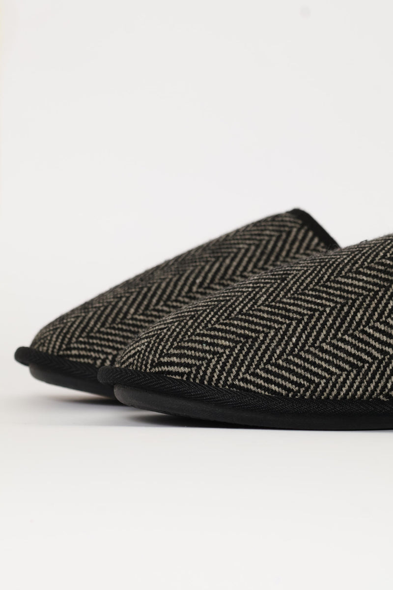 Herring Bone Upper Open Back Slipper - Black