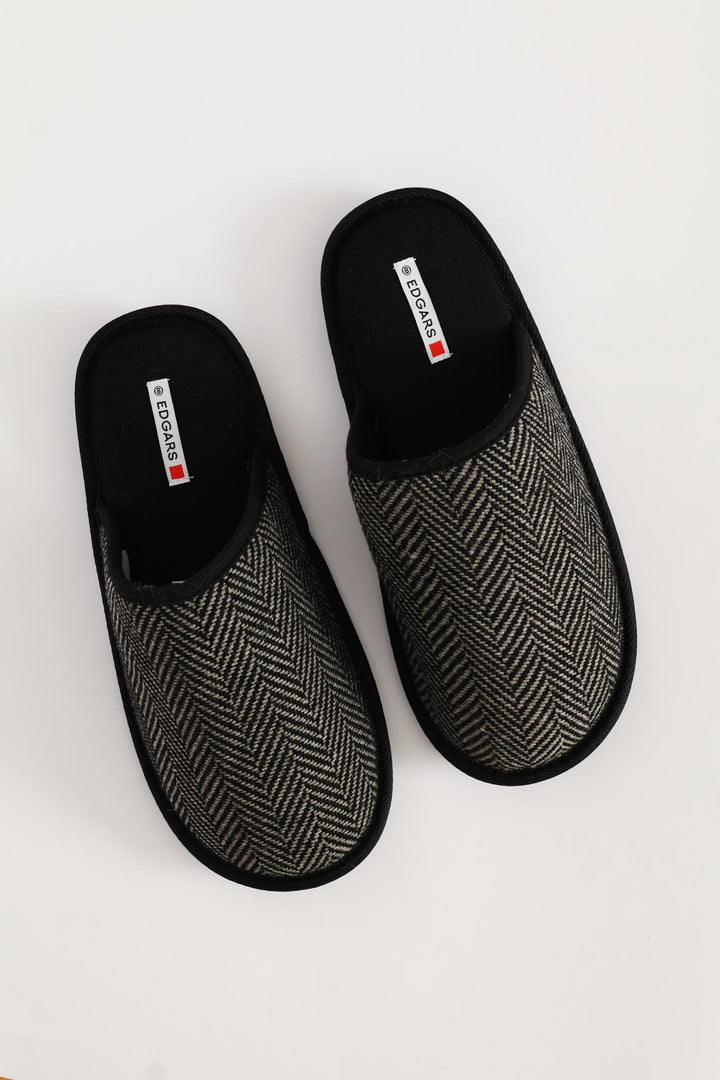 Herring Bone Upper Open Back Slipper - Black
