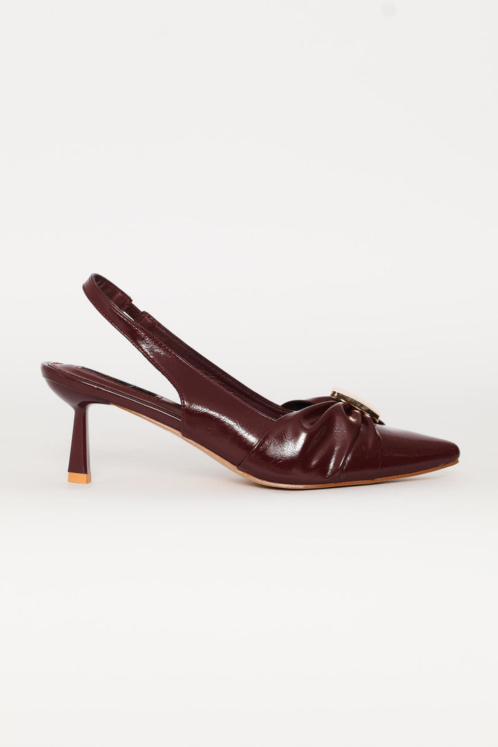 Ruched Bow & Metal Trim Slngback Heel - Burgundy