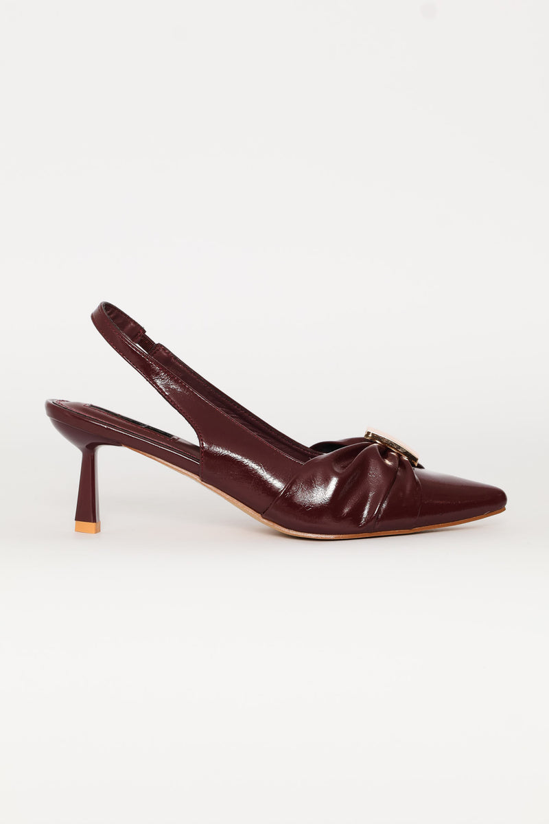 Ruched Bow & Metal Trim Slngback Heel - Burgundy