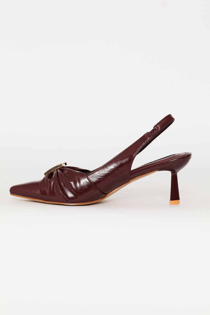 Ruched Bow & Metal Trim Slngback Heel - Burgundy