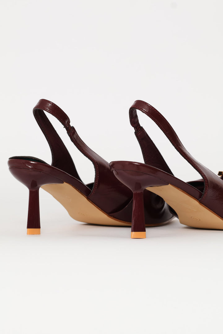 Ruched Bow & Metal Trim Slngback Heel - Burgundy