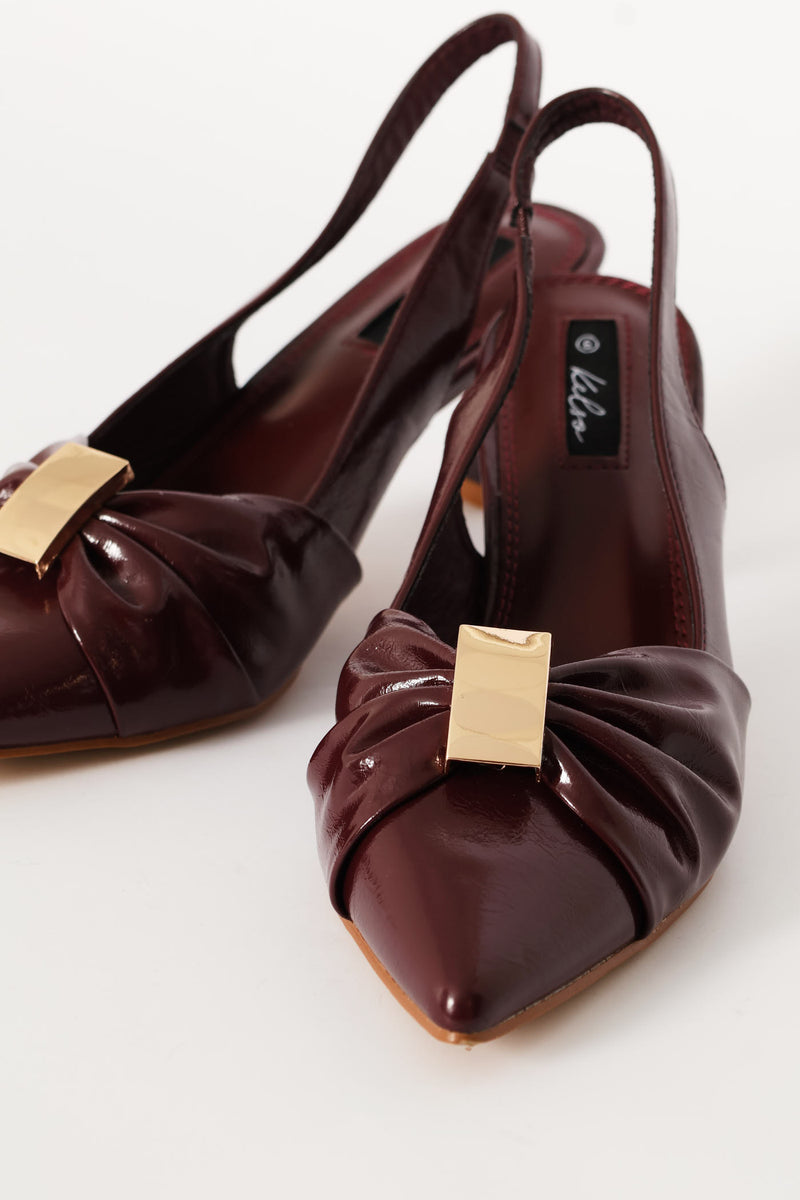Ruched Bow & Metal Trim Slngback Heel - Burgundy