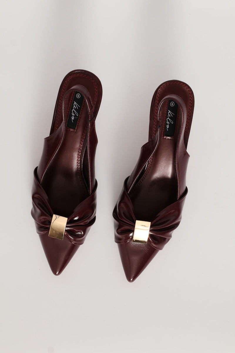 Ruched Bow & Metal Trim Slngback Heel - Burgundy