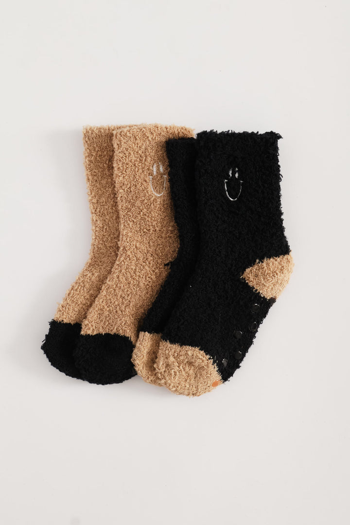 Boys 2 Pack Plain Smile Fluffy Socks - Black