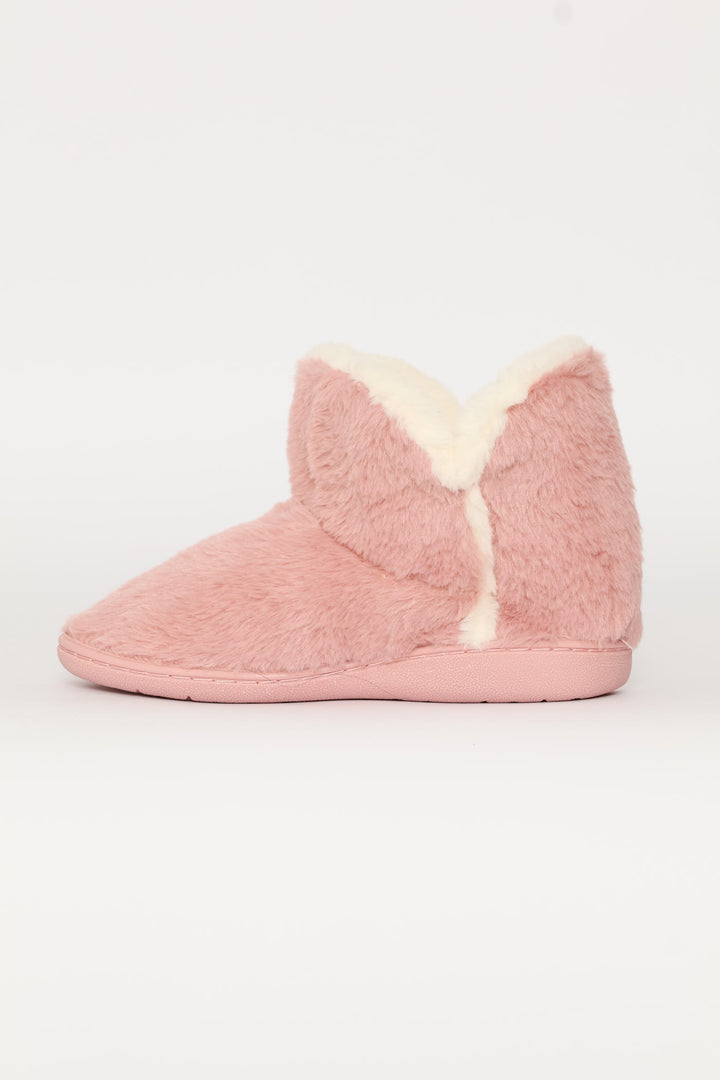 Full Faux Fur Slipper Bootie With Pompoms - Blush