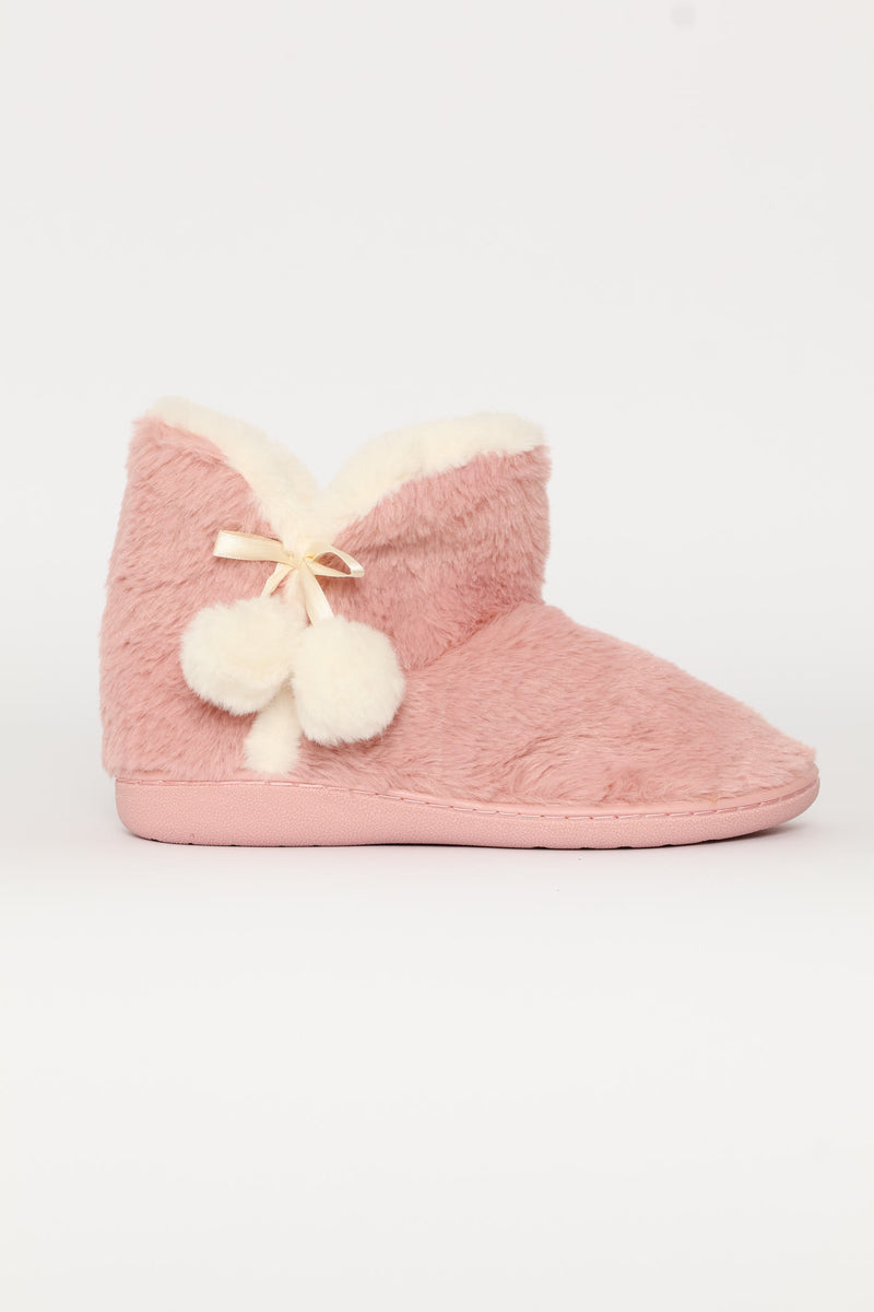 Full Faux Fur Slipper Bootie With Pompoms - Blush