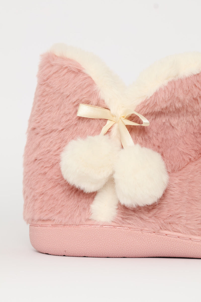 Full Faux Fur Slipper Bootie With Pompoms - Blush