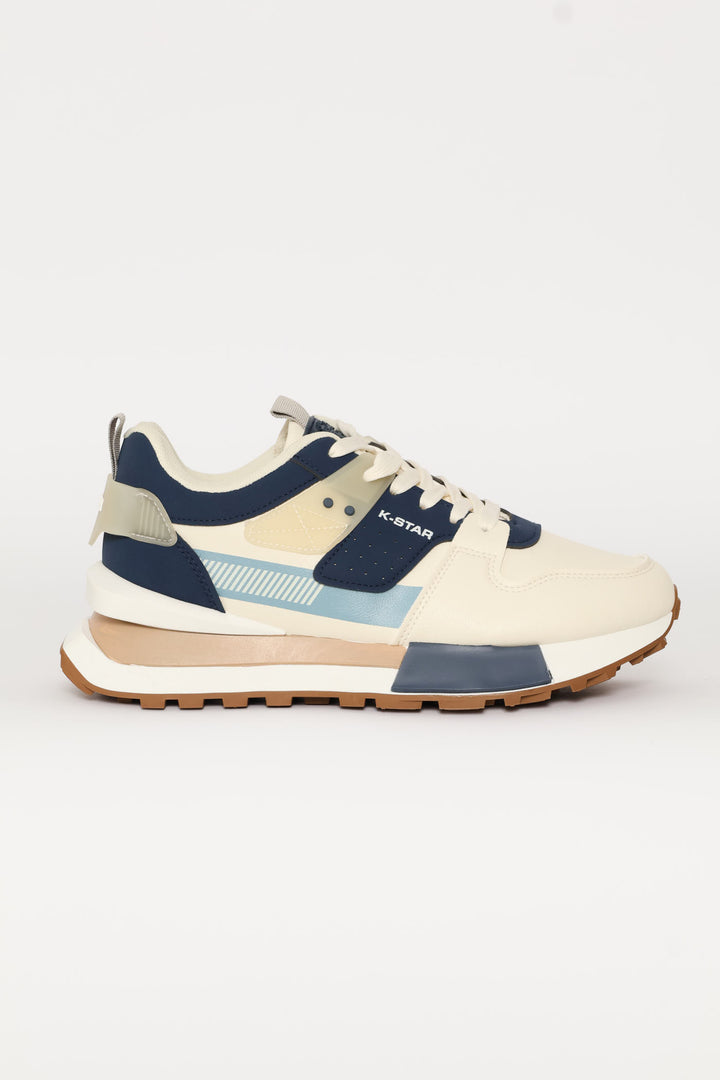 Ice Retro Lace Up Trainer - Beige/Blue