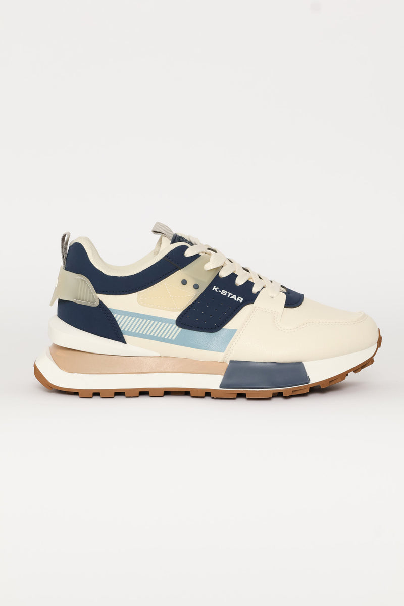 Ice Retro Lace Up Trainer - Beige/Blue
