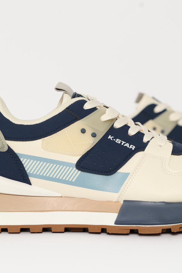 Ice Retro Lace Up Trainer - Beige/Blue