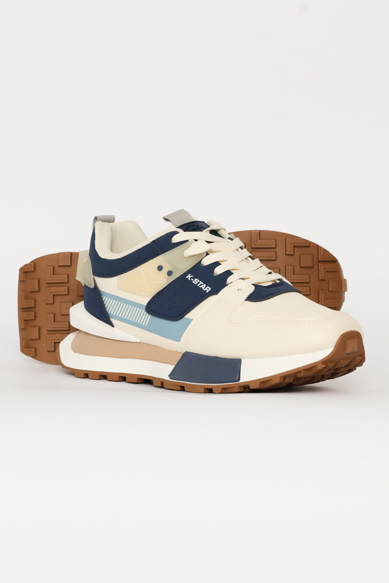 Ice Retro Lace Up Trainer - Beige/Blue
