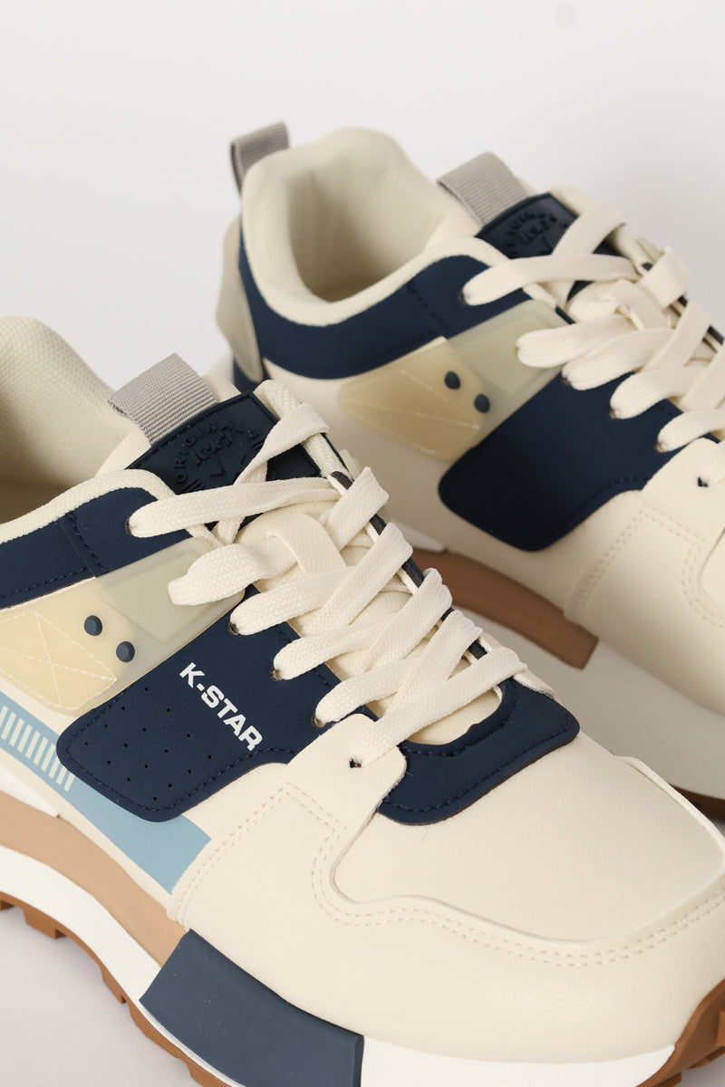 Ice Retro Lace Up Trainer - Beige/Blue