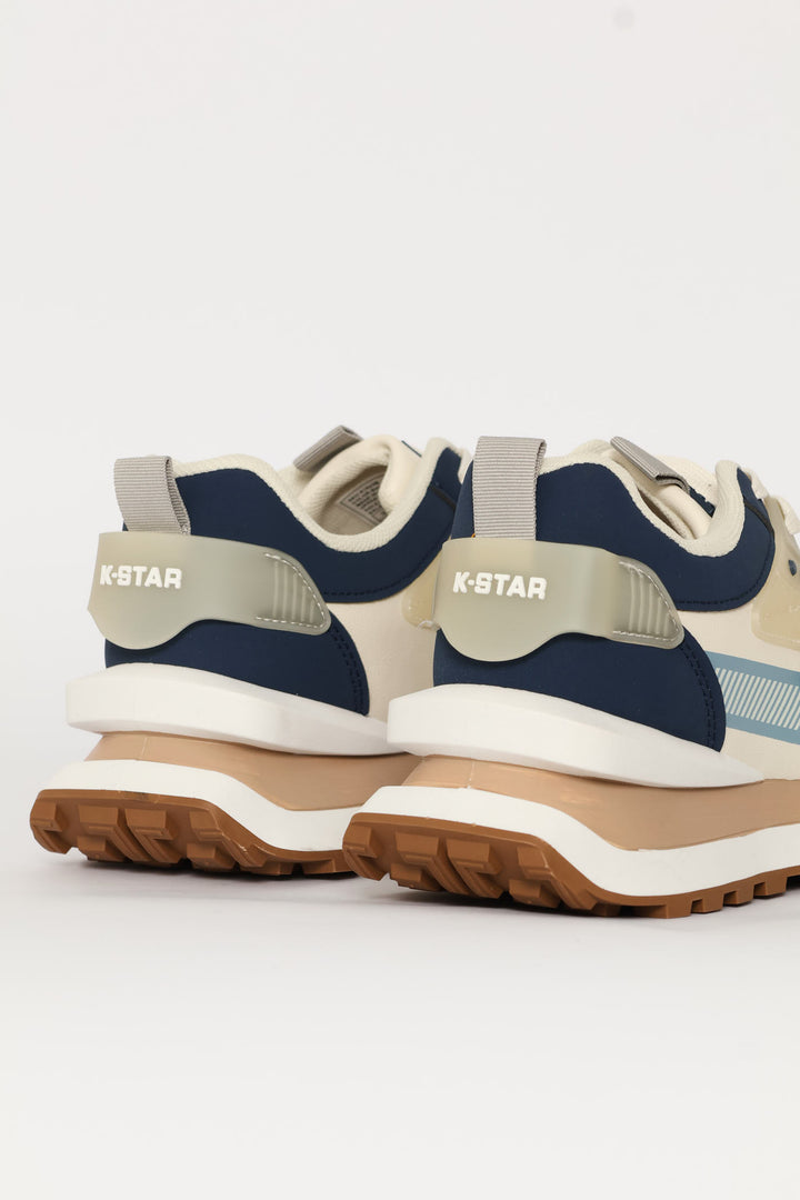 Ice Retro Lace Up Trainer - Beige/Blue