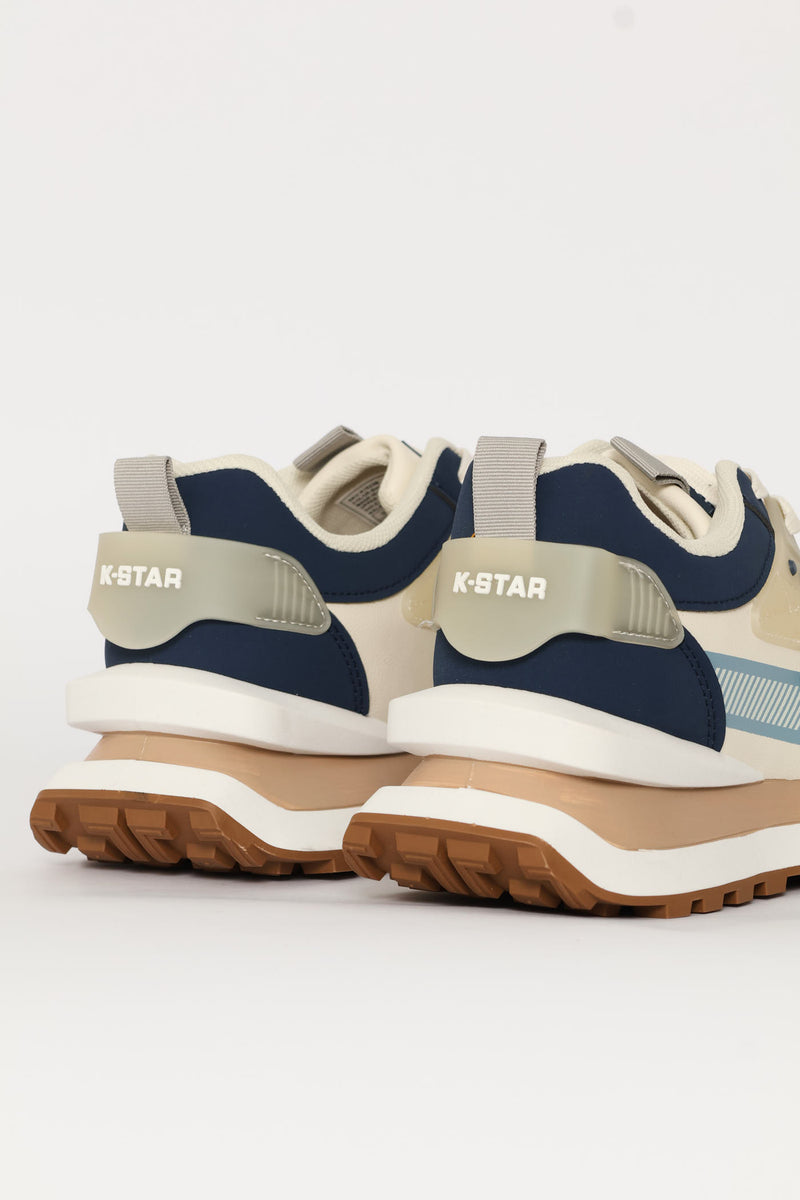 Ice Retro Lace Up Trainer - Beige/Blue