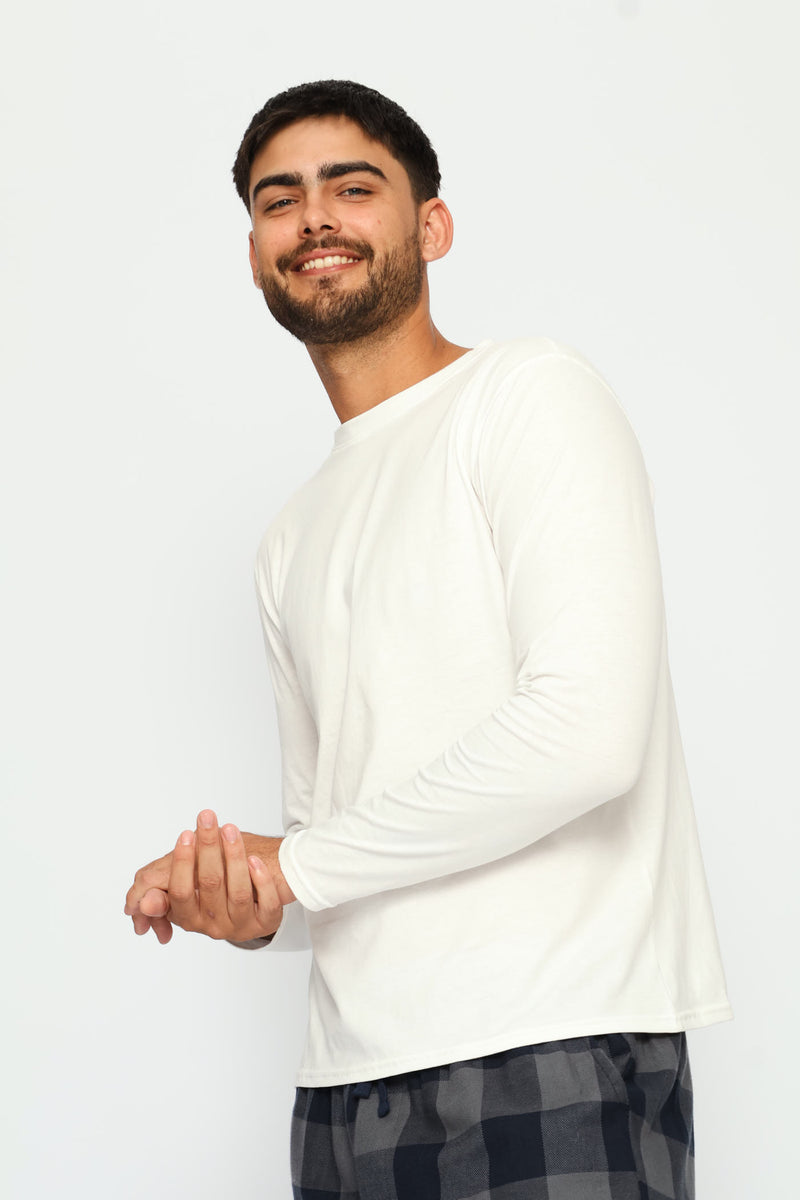 Long Sleeve Cotton Thermal Crew Neck T-Shirt - White