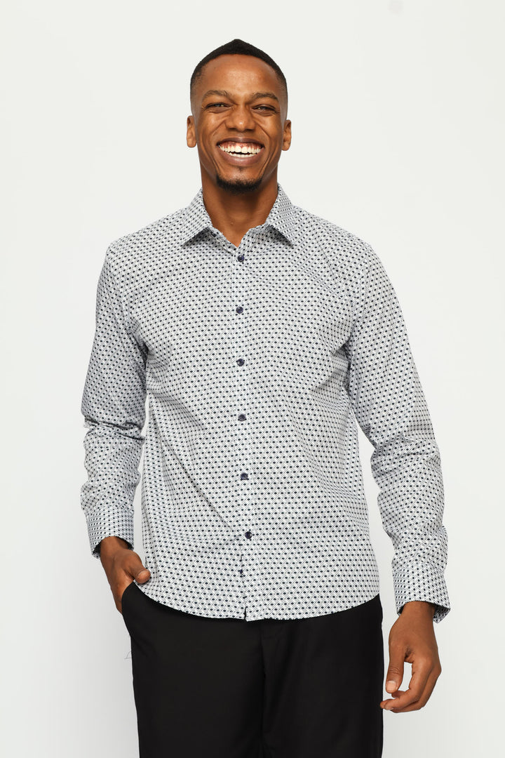 Slim Long Sleeve Geometric Block Printed Shirt - White/Navy