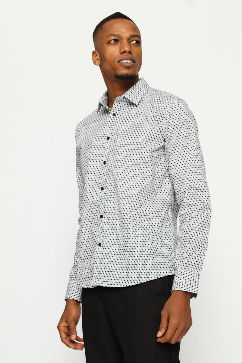 Slim Long Sleeve Geometric Block Printed Shirt - White/Navy
