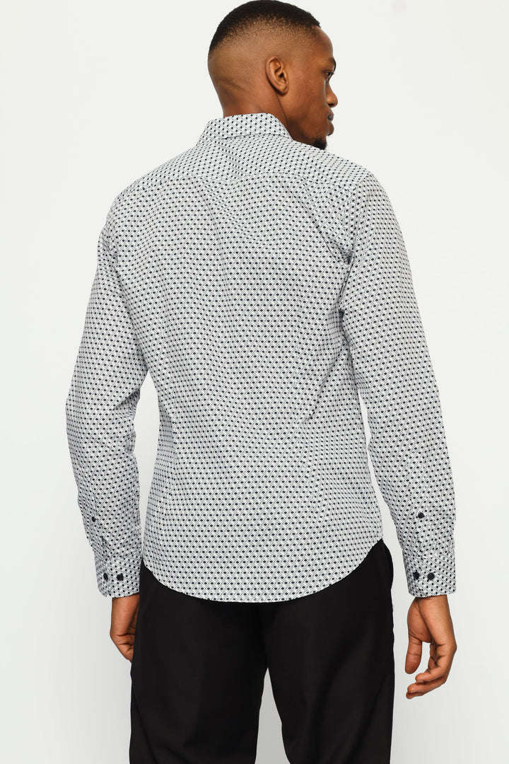 Slim Long Sleeve Geometric Block Printed Shirt - White/Navy