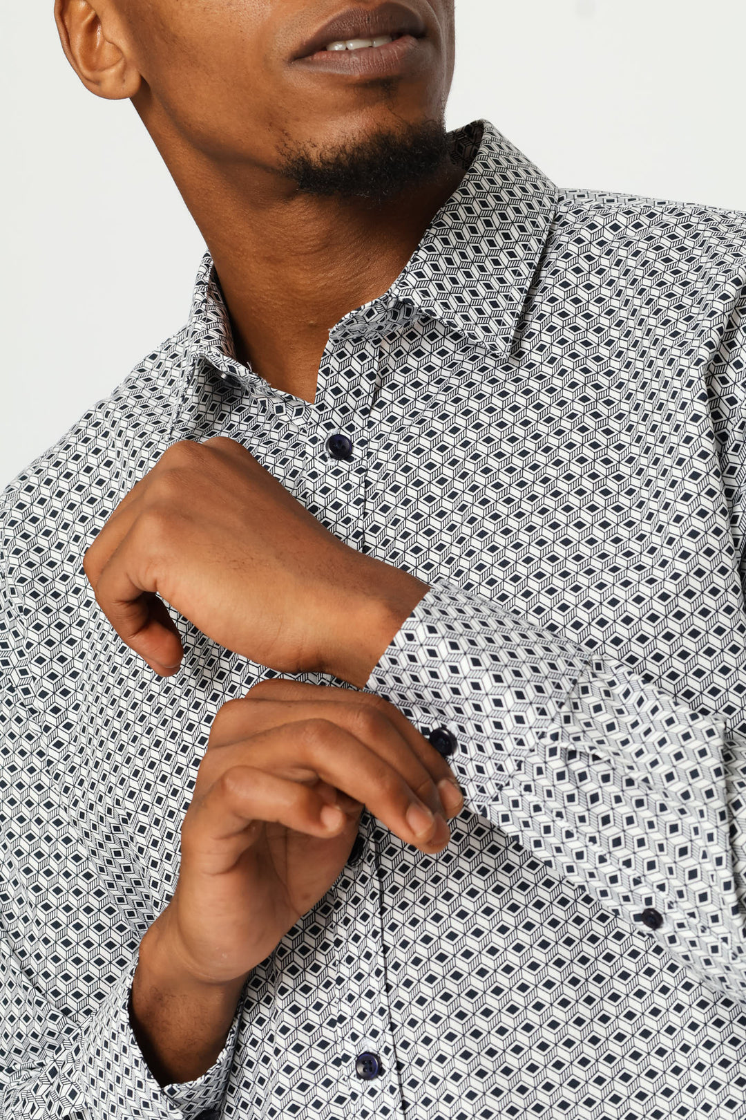 Slim Long Sleeve Geometric Block Printed Shirt - White/Navy