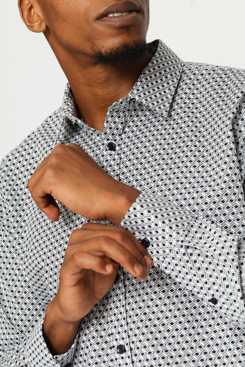 Slim Long Sleeve Geometric Block Printed Shirt - White/Navy