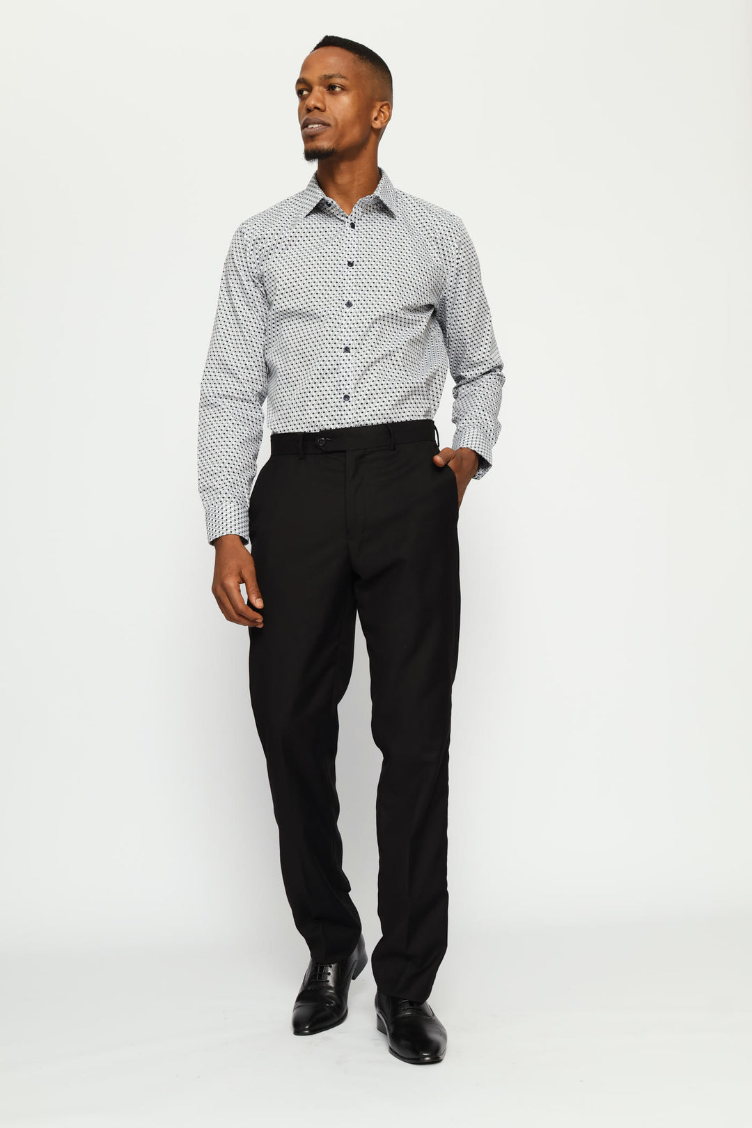 Slim Long Sleeve Geometric Block Printed Shirt - White/Navy