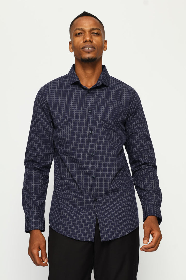 Slim Long Sleeve Check Textured Shirt - Dark Blue
