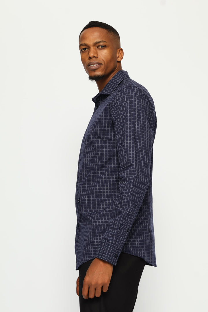 Slim Long Sleeve Check Textured Shirt - Dark Blue