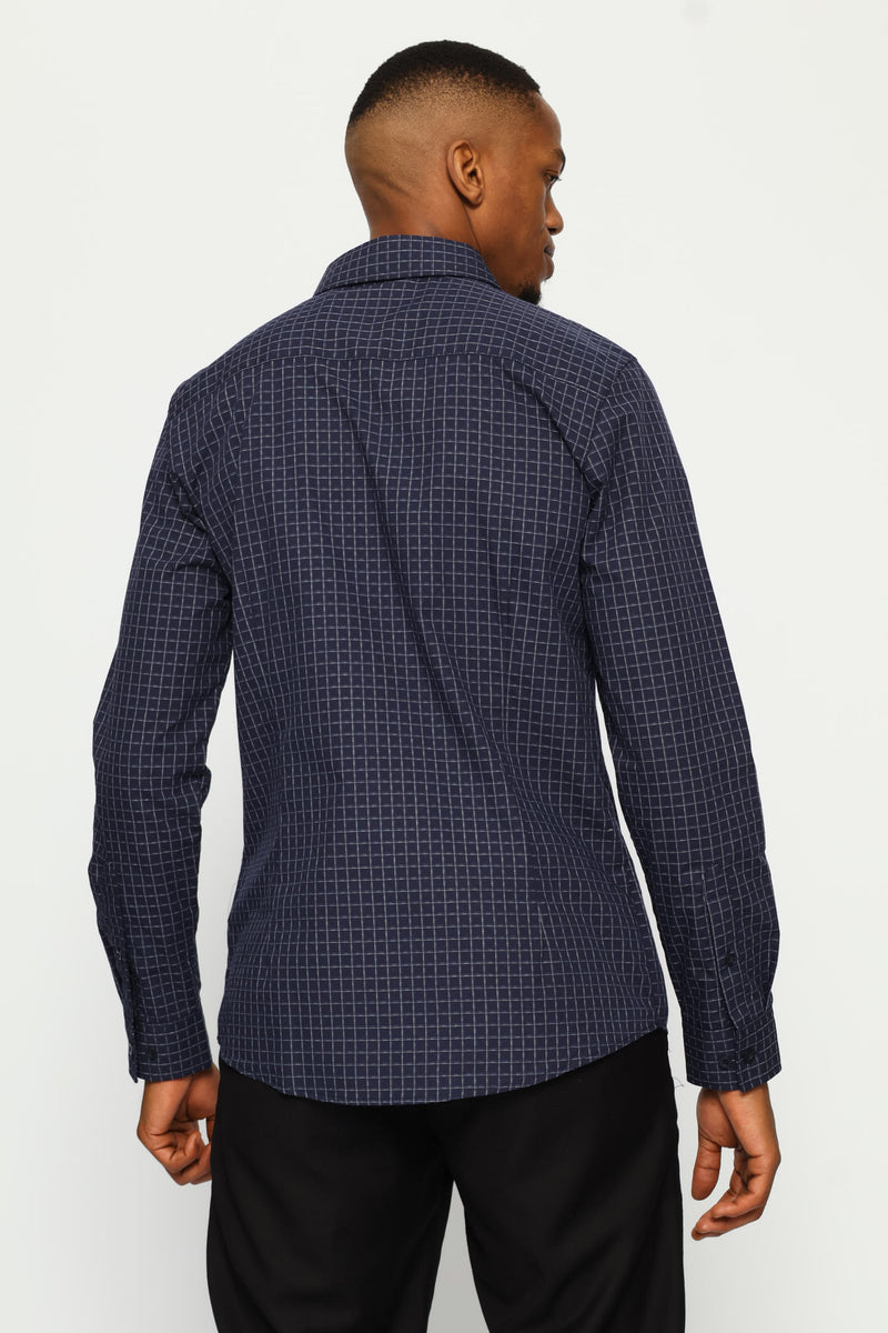 Slim Long Sleeve Check Textured Shirt - Dark Blue