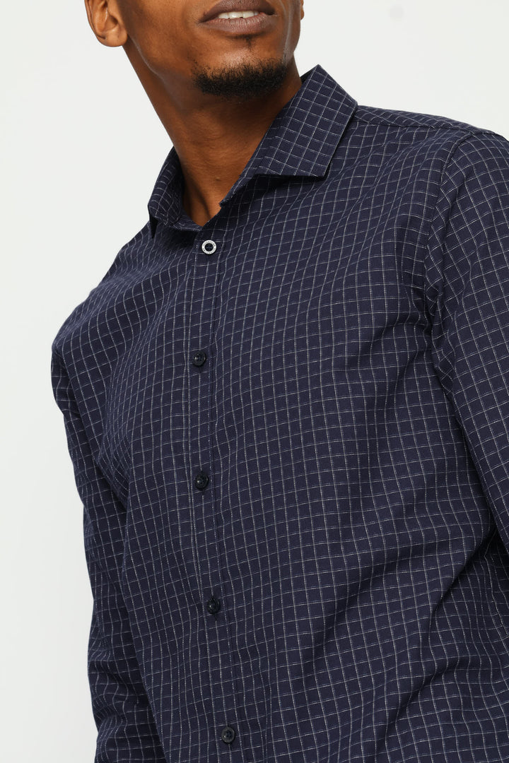 Slim Long Sleeve Check Textured Shirt - Dark Blue