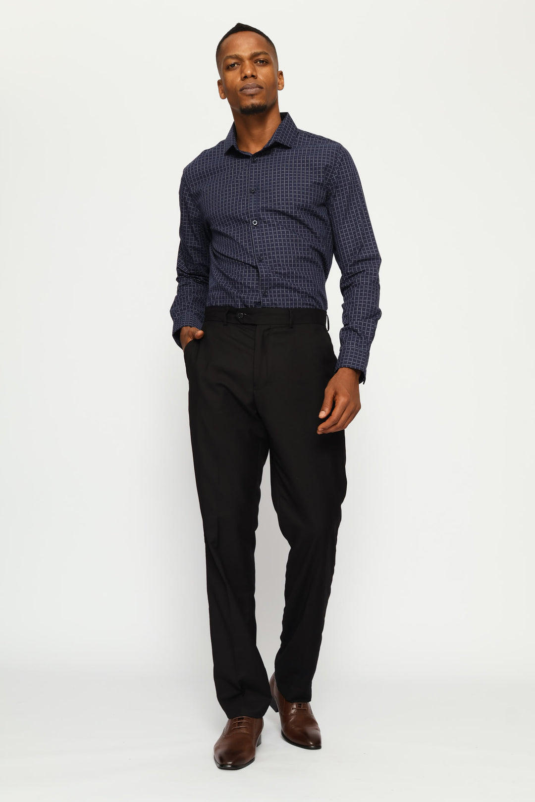 Slim Long Sleeve Check Textured Shirt - Dark Blue
