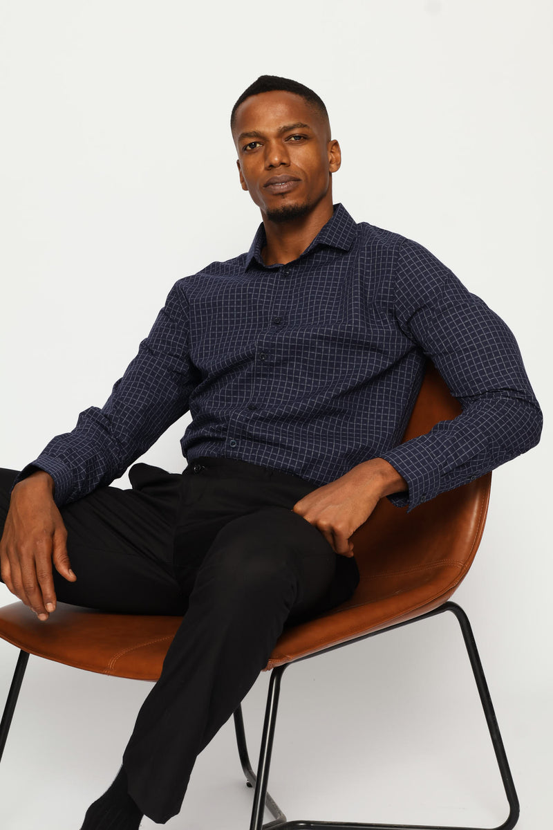 Slim Long Sleeve Check Textured Shirt - Dark Blue
