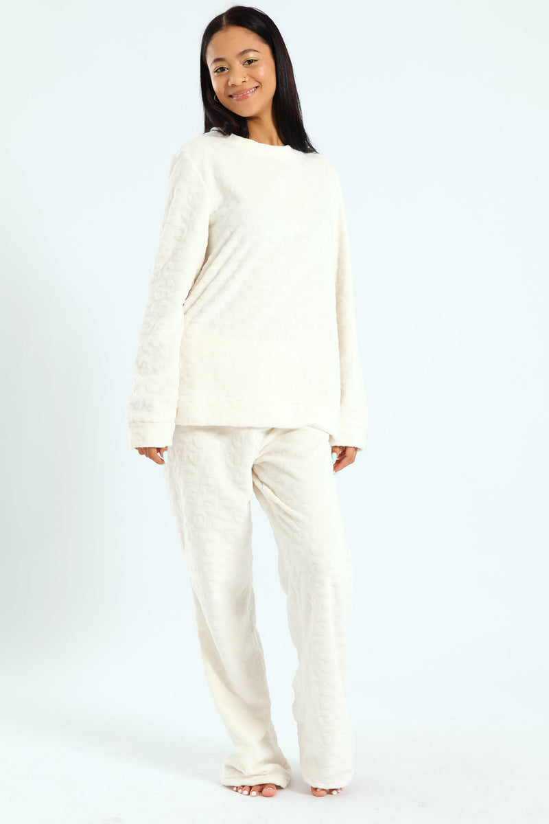 Long Sleeve & Cosy Flare Leg Sleep Set - Cream