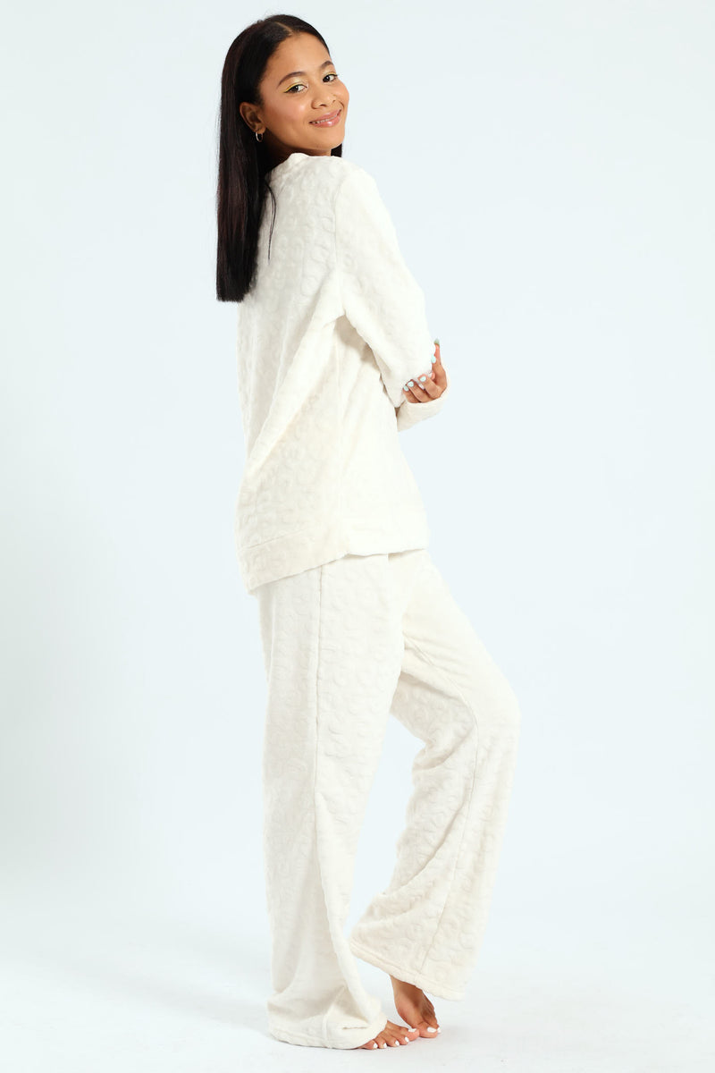 Long Sleeve & Cosy Flare Leg Sleep Set - Cream